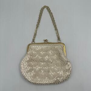 Vintage Bridal Clutch Purse Ivory White Beaded Iridescent Evening Bag Gold Trim
